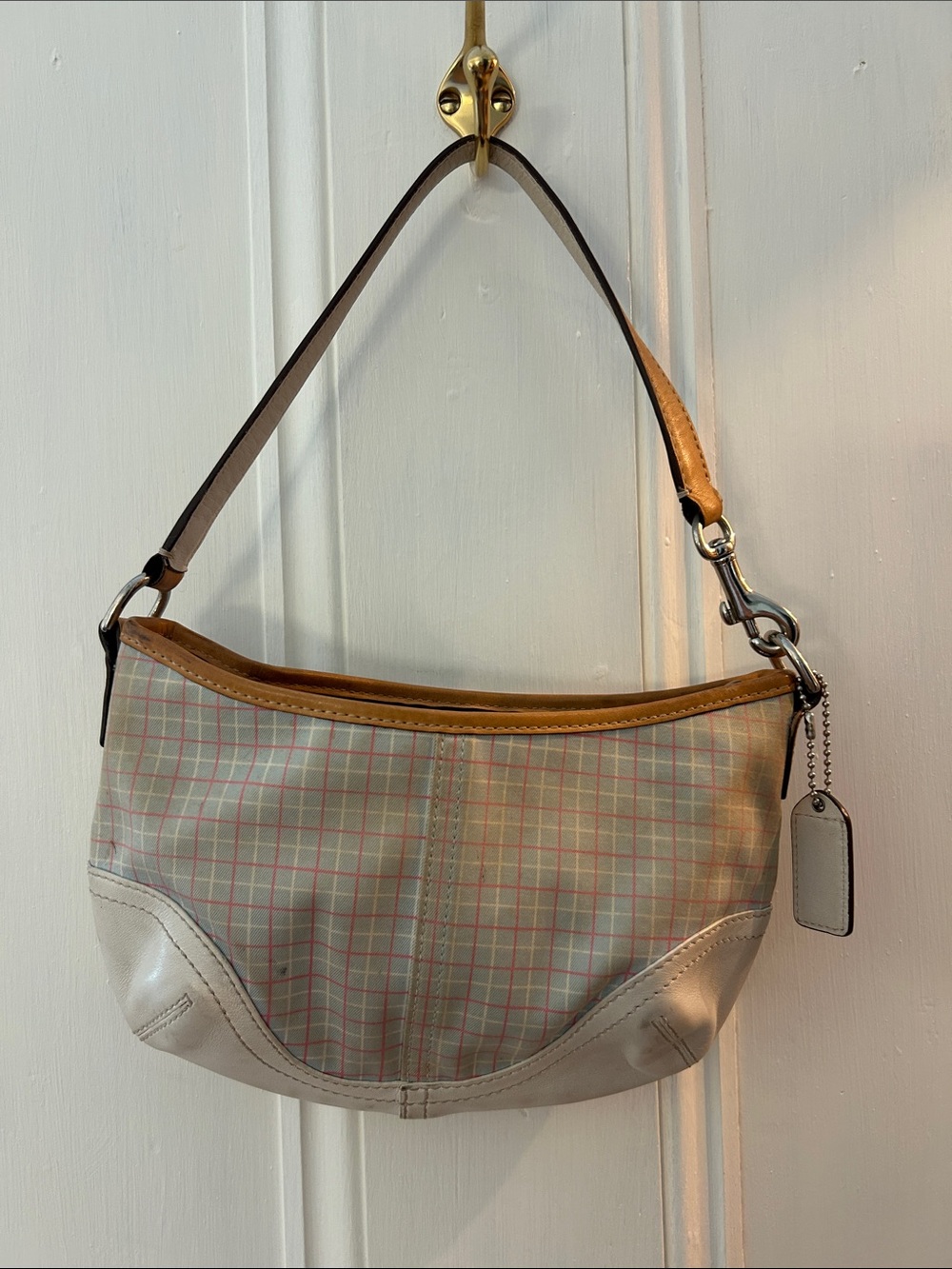 Coach Pink and Blue Plaid Shoulder Hobo with Tan Trim